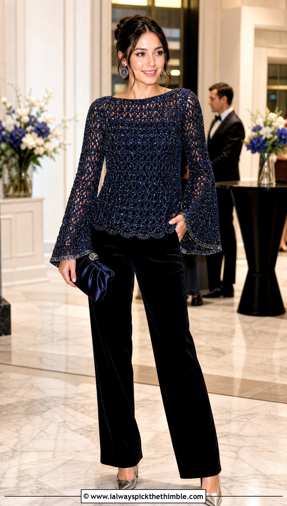 Metallic Thread Crochet Bell Sleeve Sweater With Velvet Trousers - 20 crochet bell sleeve sweater outfit ideas