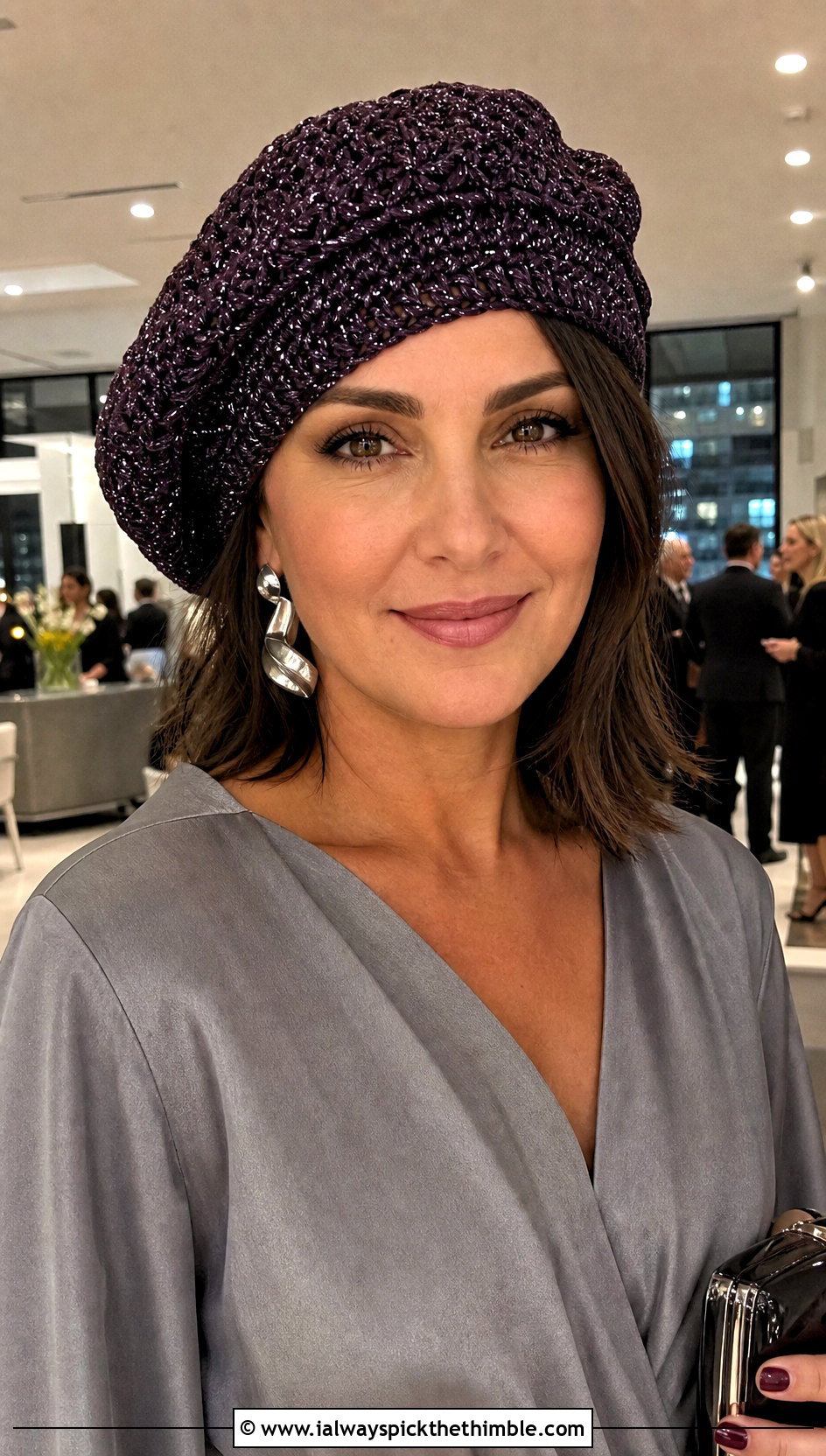 Metallic Thread Crochet Beret With Evening Jumpsuit - 25 crochet beret outfit ideas