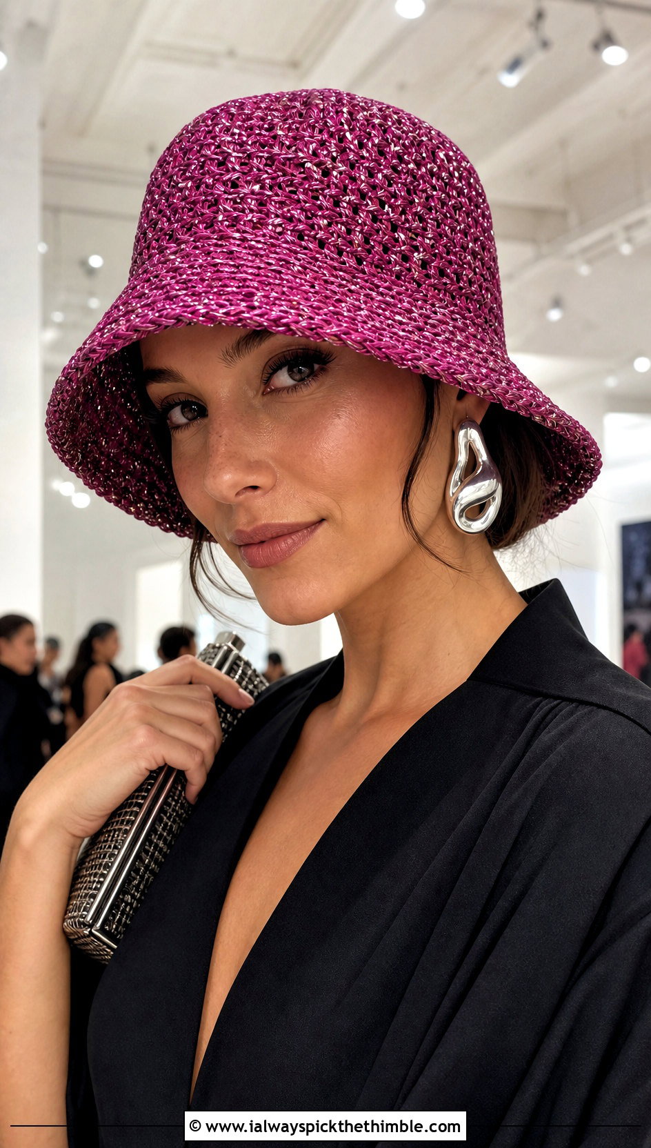 Metallic Thread Crochet Bucket Hat With Jumpsuit - 25 crochet bucket hat outfit ideas