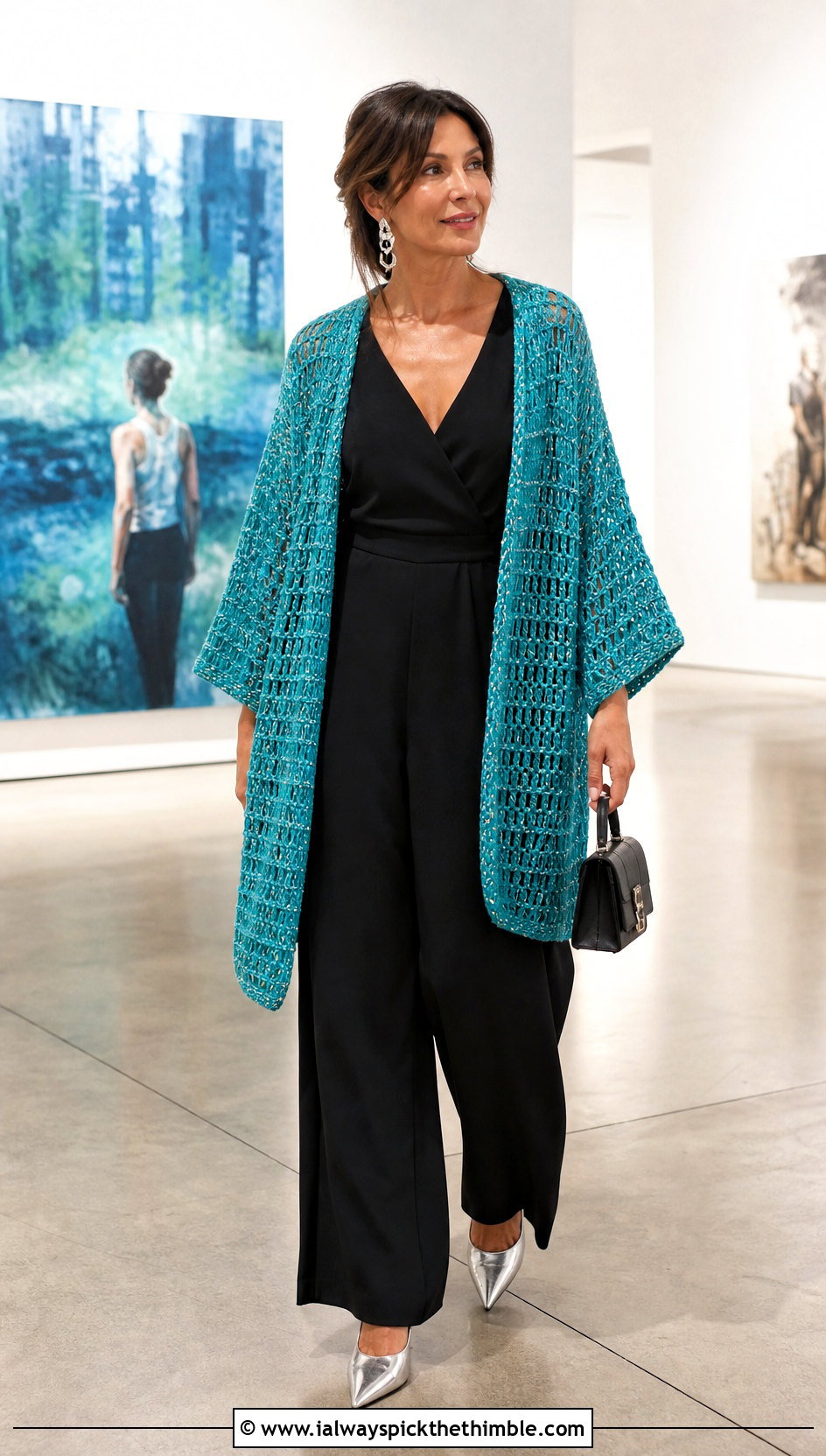 Metallic Thread Crochet Cocoon Cardigan With Black Jumpsuit - 15 Easy Crochet Cocoon Cardigan outfit ideas