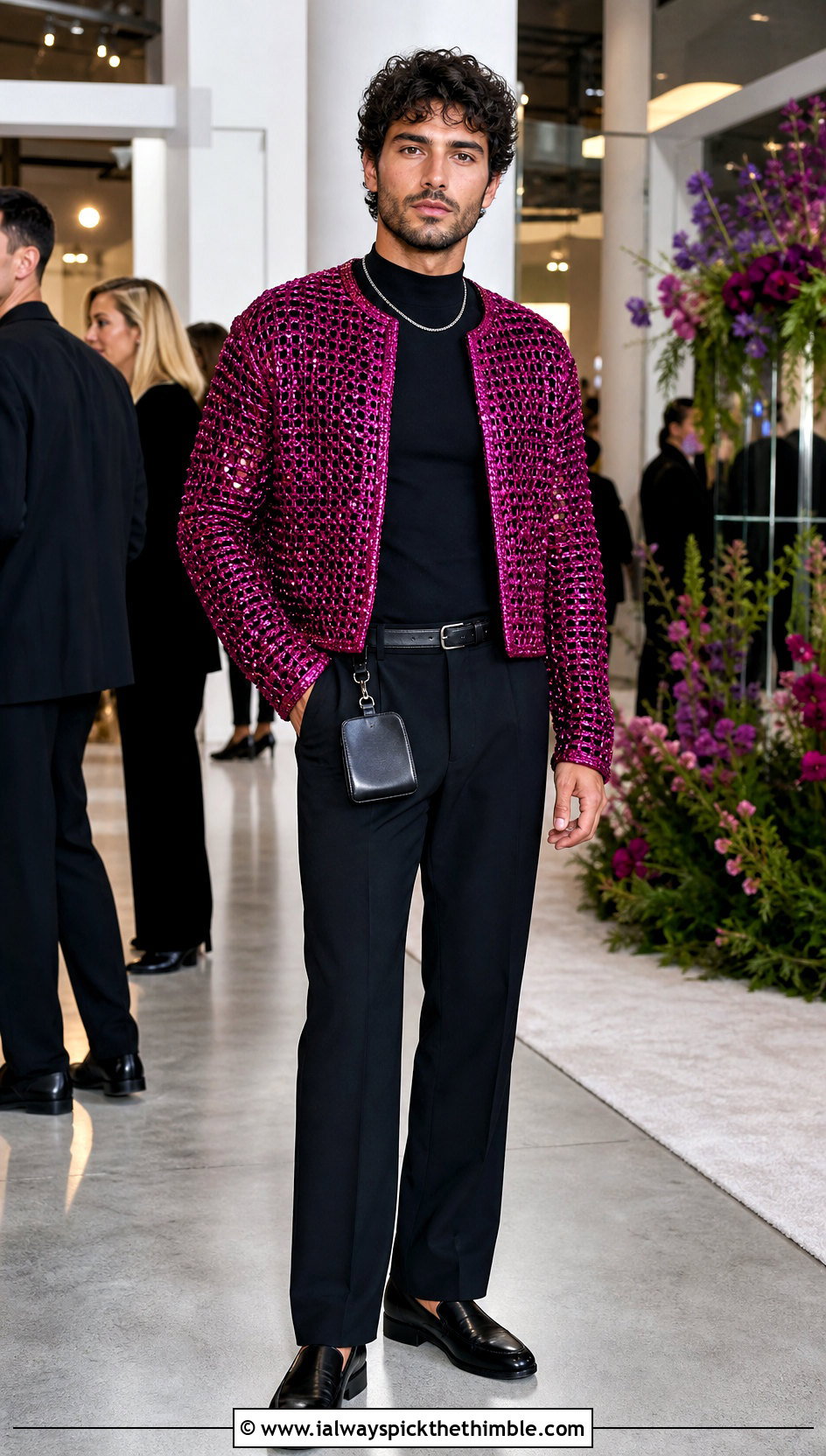 Metallic Thread Crochet Evening Jacket With Tailored Trousers - 15 Crochet Mens Jacket outfit ideas