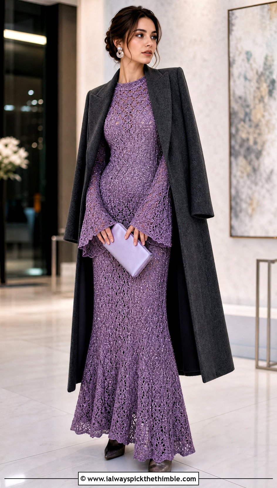 Metallic Thread Crochet Fishtail Flare Sleeve Maxi Dress With Tailored Coat - 20 Crochet Fishtail Flare Sleeve Maxi Dress outfit ideas