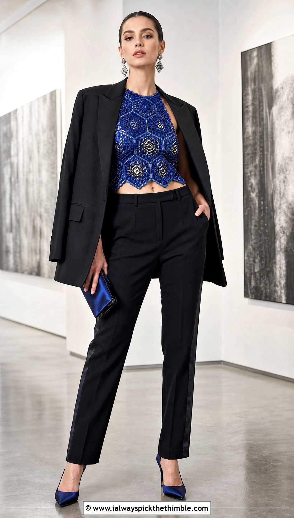 Metallic Thread Crochet Hexagon Top With Tuxedo Pants - 25 crochet hexagon top outfit ideas
