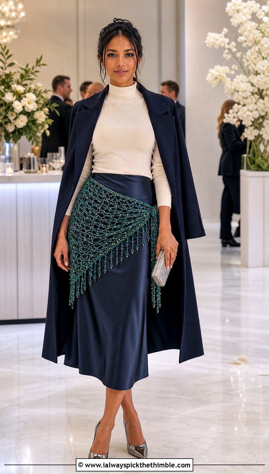 Metallic Thread Crochet Hip Scarf With Satin Skirt - 20 Crochet Hip Scarf outfit ideas