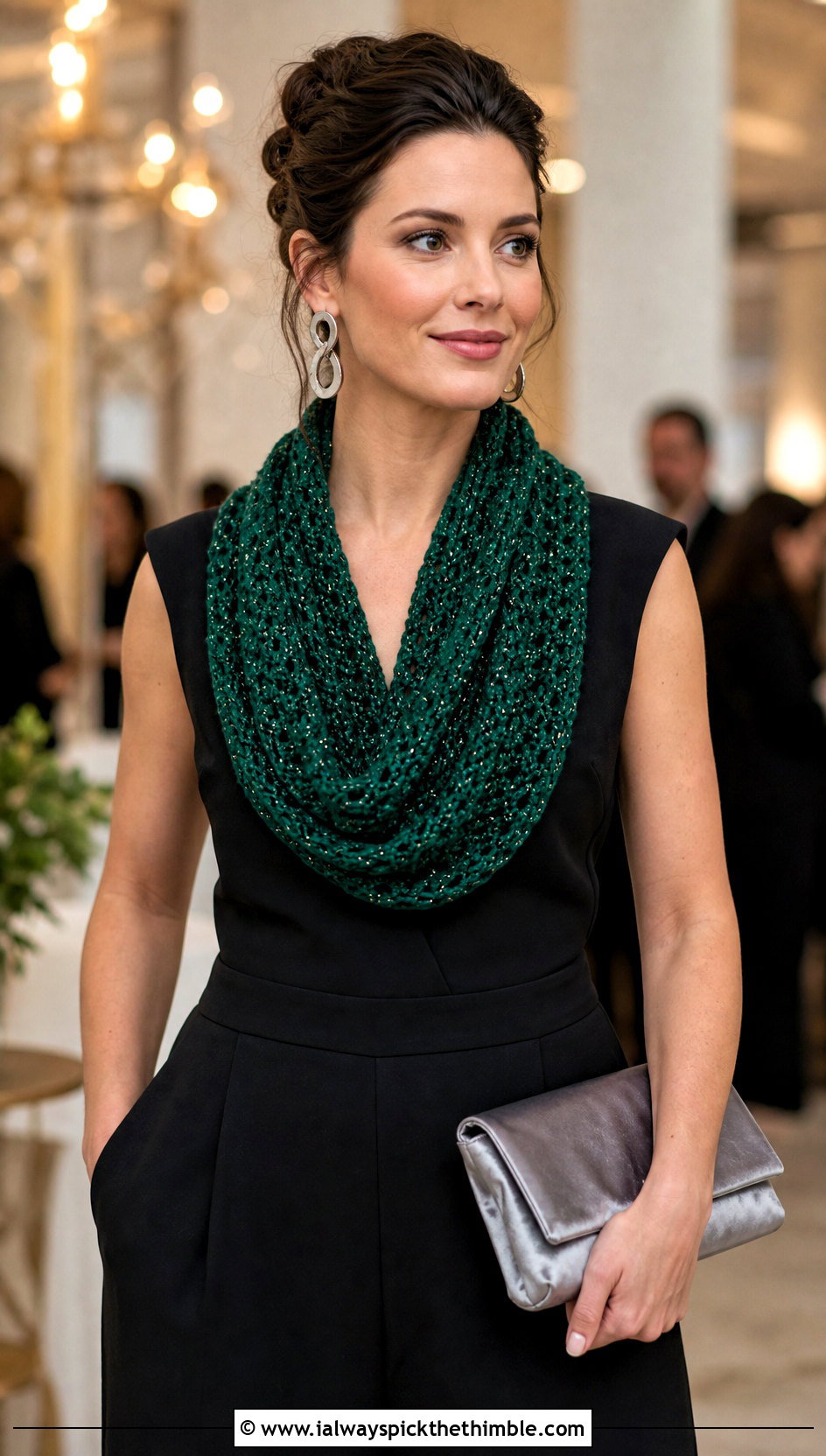 Metallic Thread Crochet Infinity Scarf With Evening Jumpsuit - 25 crochet infinity scarf outfit ideas