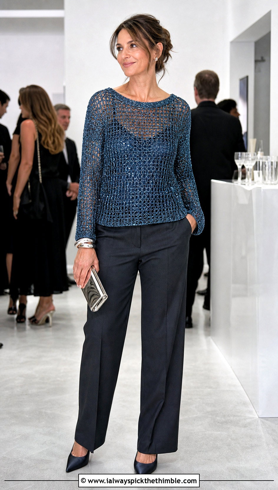 Metallic Thread Crochet Jumper With Tailored Pants - 25 crochet jumper outfit ideas