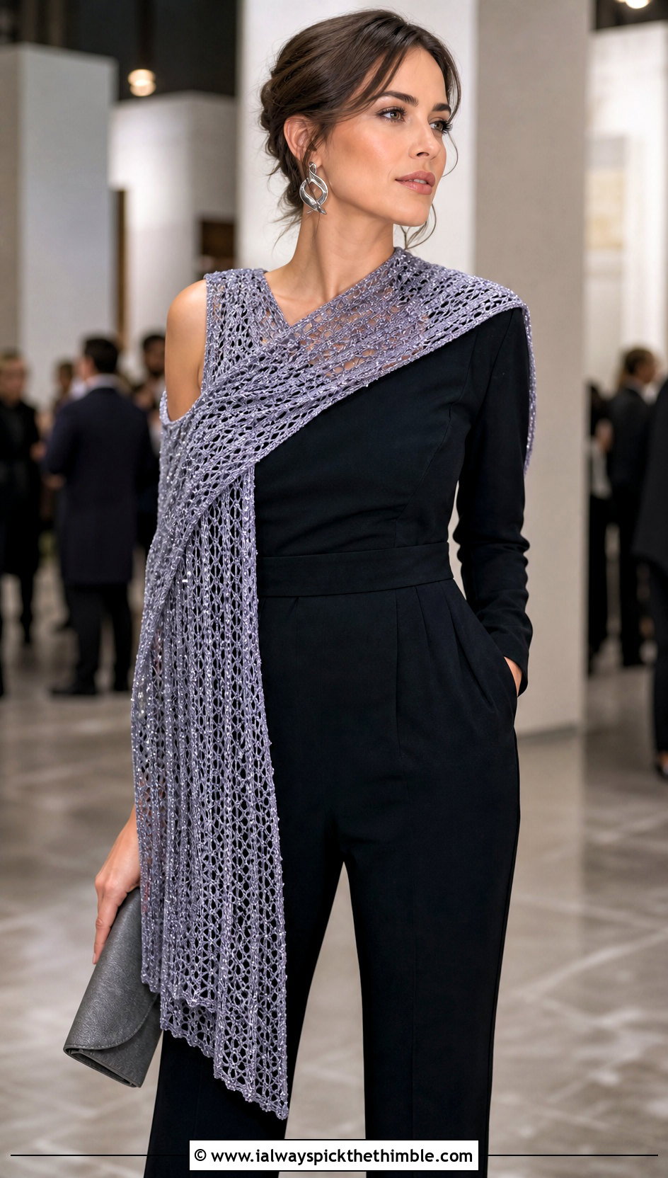 Metallic Thread Crochet Long Scarf With Black Jumpsuit - 20 Crochet Long Scarf outfit ideas