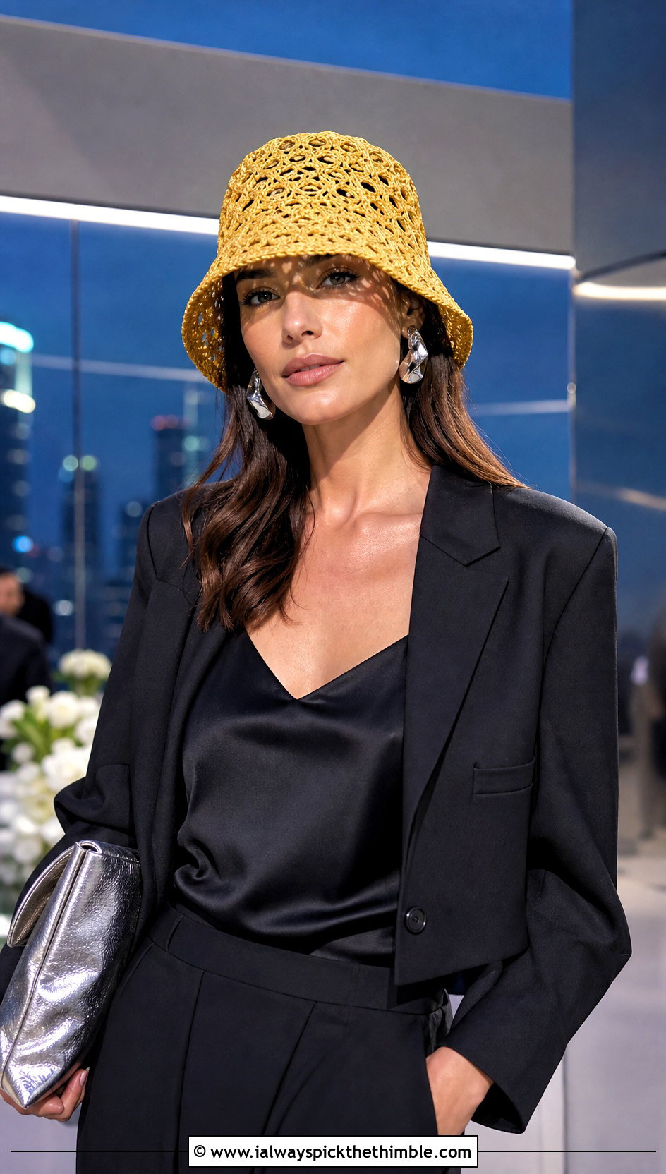 Metallic Thread Crochet Mesh Bucket Hat With Evening Separates - 20 crochet mesh bucket hat outfit ideas