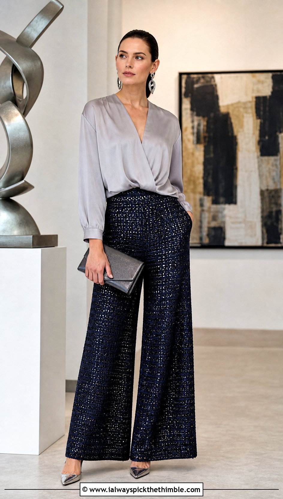Metallic Thread Crochet Palazzo Pants With Silk Blouse - 20 crochet palazzo pants outfit ideas