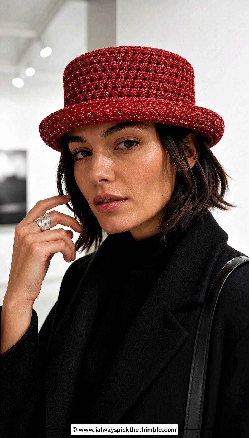 Metallic Thread Crochet Pork Pie Hat With Minimal Black Outfit - 20 crochet pork pie hat outfit ideas