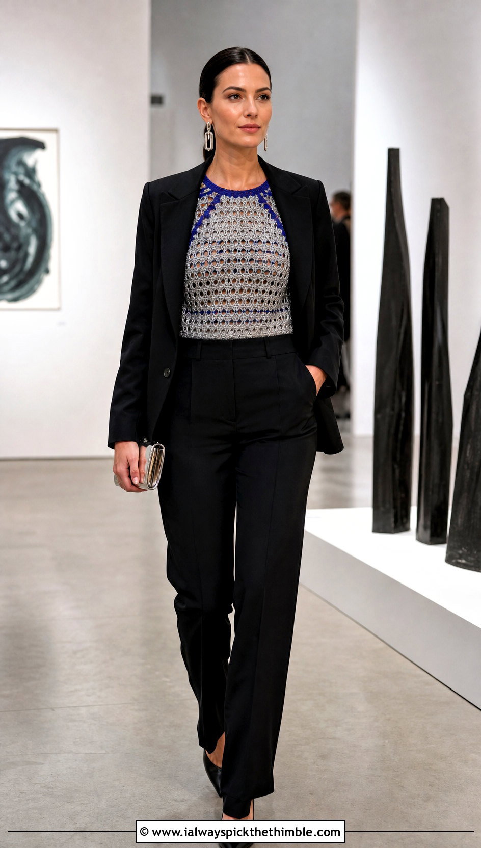 Metallic Thread Crochet Raglan Top With Trouser Suit - 20 crochet raglan top outfit ideas