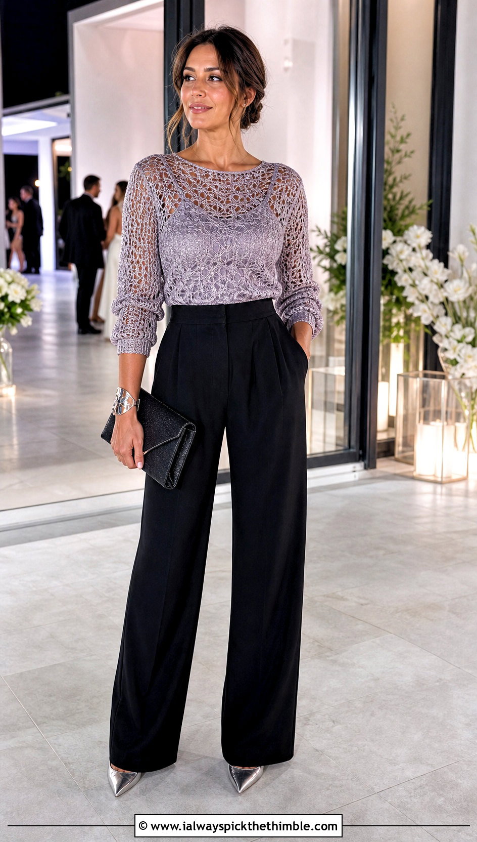 Metallic Thread Crochet Round Sweater With Wide Leg Trousers - 15 crochet round sweater outfit ideas
