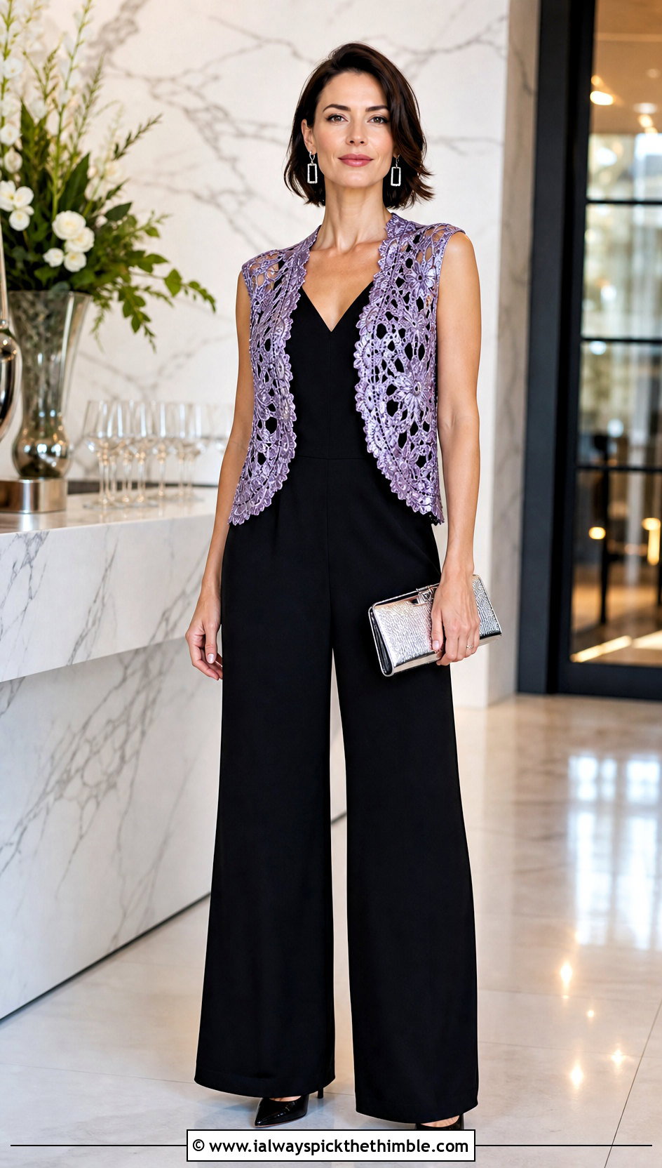 Metallic Thread Crochet Shrug Vest With Jumpsuit - 15 crochet shrug vest outfit ideas