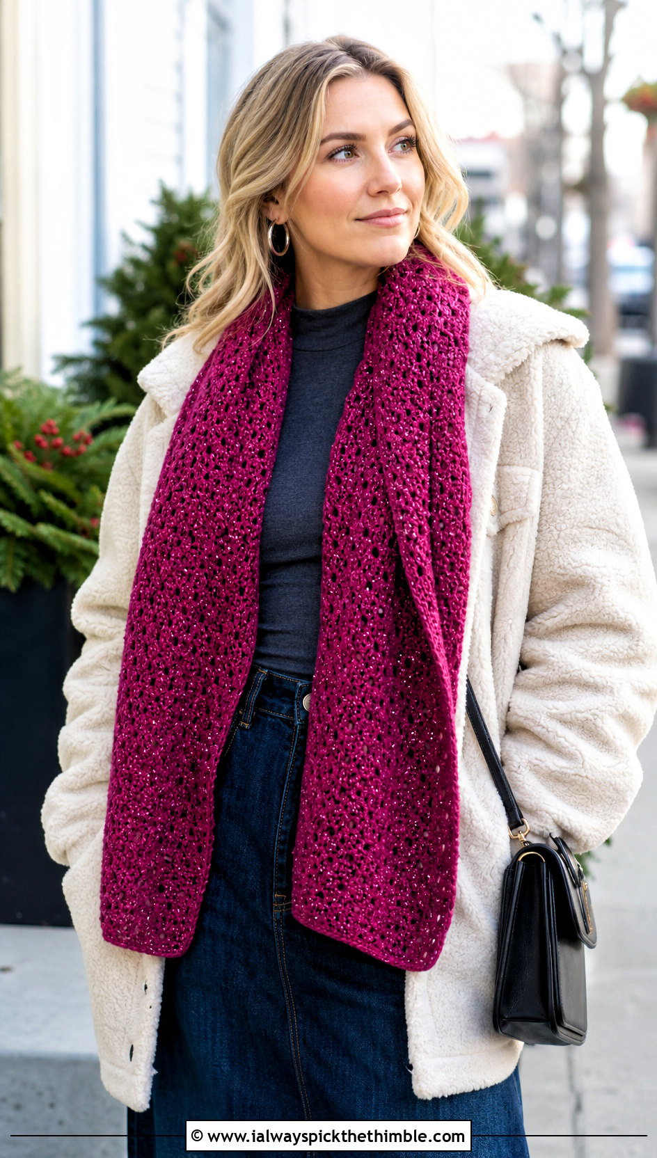 Metallic Thread Crochet Sophie Scarf With Shearling Jacket And Denim Maxi Skirt - 25 crochet sophie scarf outfit ideas