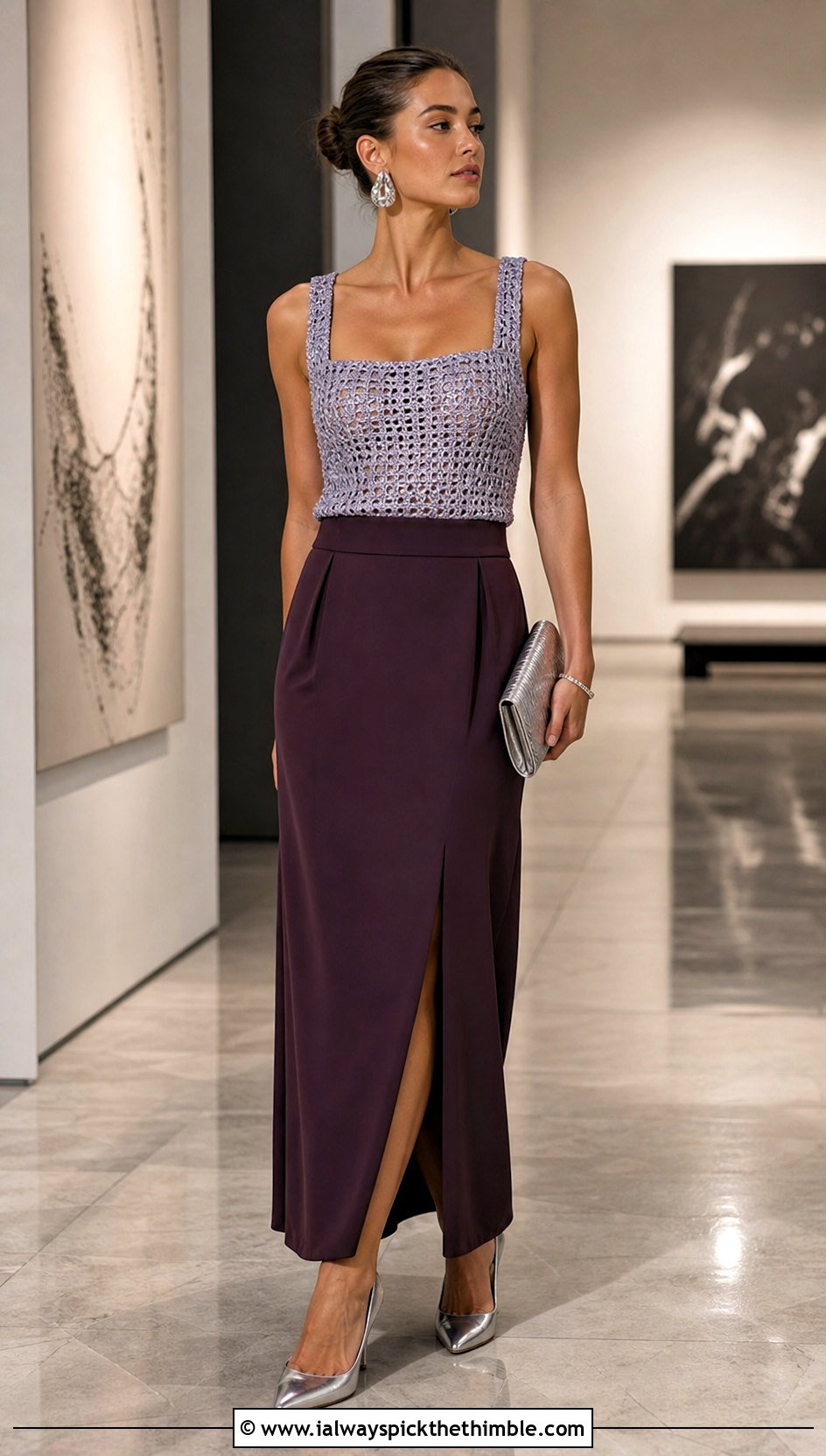 Metallic Thread Crochet Square Neck Top With Tailored Maxi Skirt - 25 crochet square neck top outfit ideas