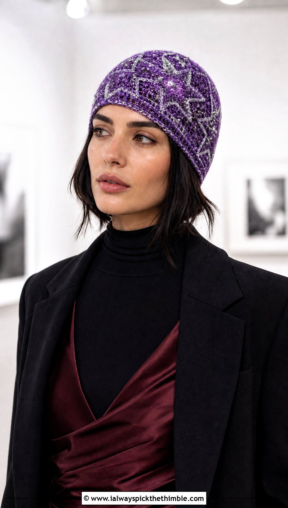 Metallic Thread Crochet Star Beanie With Slip Dress - 25 crochet star beanie outfit ideas
