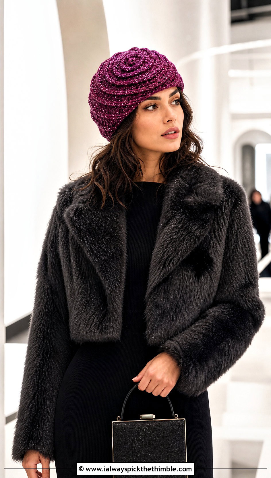 Metallic Thread Crochet Swirl Beanie With Faux Fur Coat And Black Dress - 15 crochet swirl beanie outfit ideas
