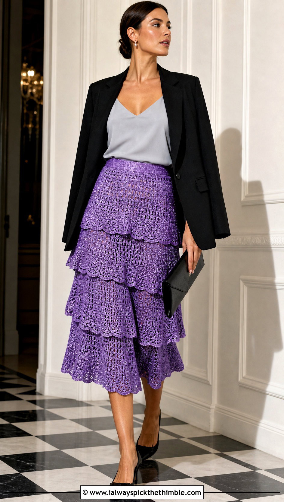 Metallic Thread Crochet Tiered Midi Skirt With Minimal Blazer - 25 crochet tiered skirt outfit ideas