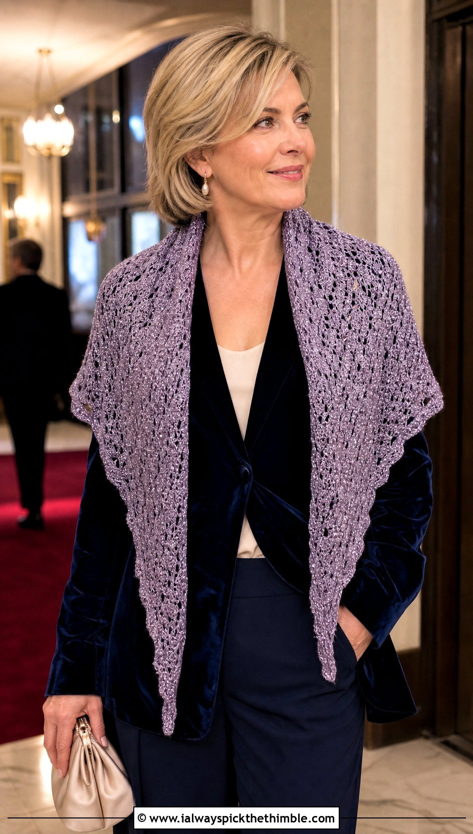 Metallic Thread Crochet Triangle Shawl With Velvet Blazer - 25 crochet triangle shawl outfit ideas