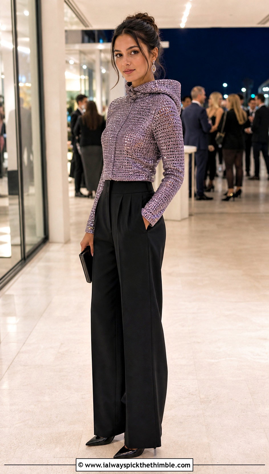 Metallic Thread Crochet Turtleneck Hoodie With Evening Trousers - 25 crochet turtleneck hoodie outfit ideas