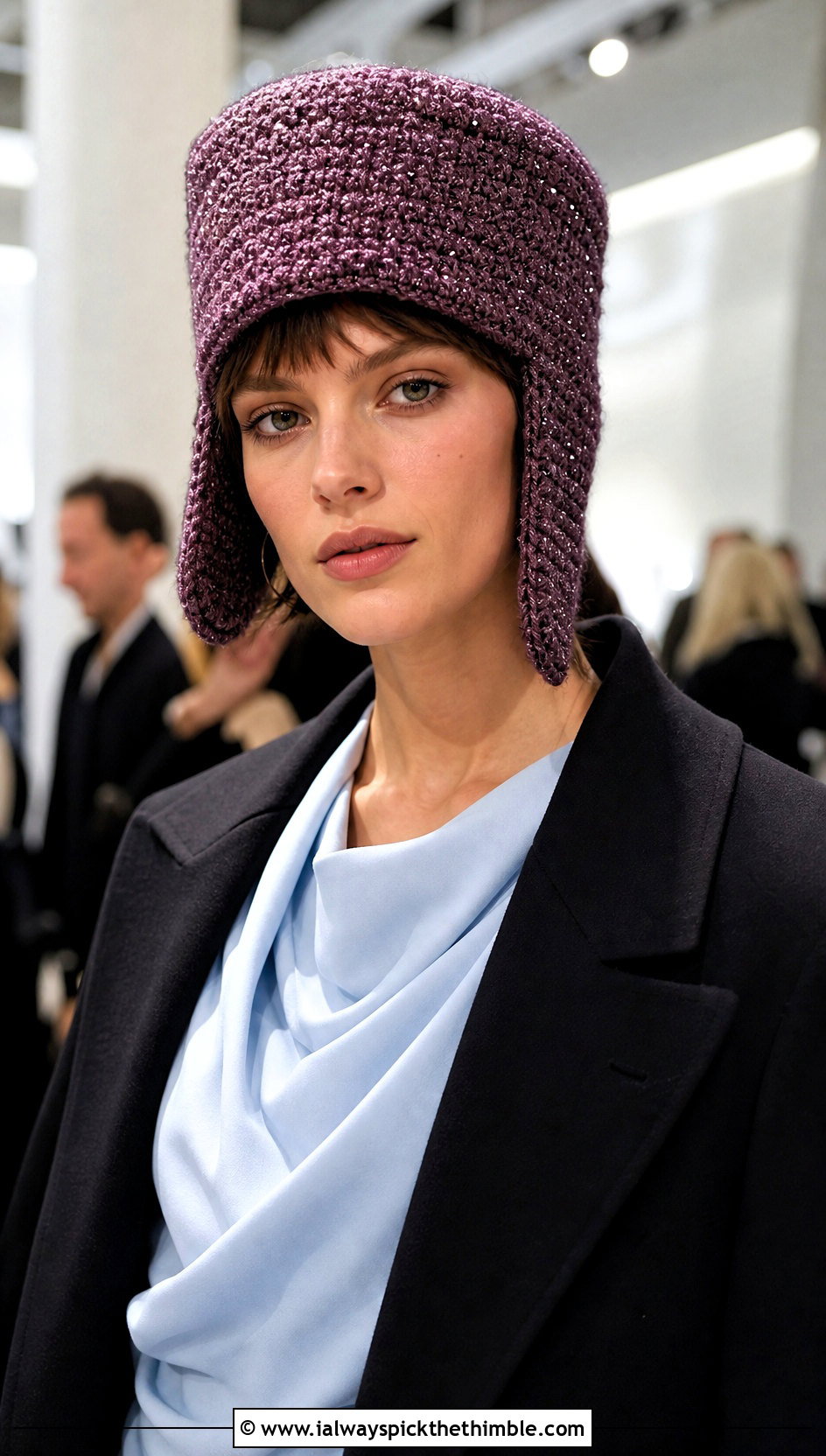 Metallic Thread Crochet Ushanka Hat With Evening Separates - 20 crochet ushanka hat outfit ideas