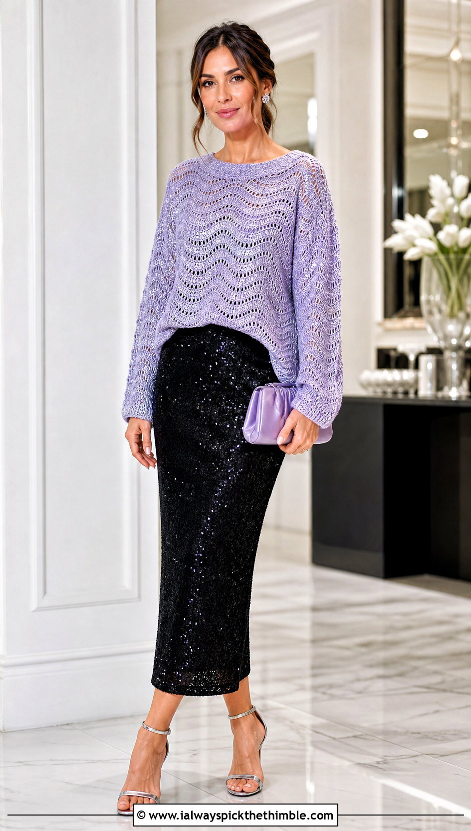 Metallic Thread Crochet Wave Sweater With Sequin Skirt - 20 crochet wave sweater outfit ideas