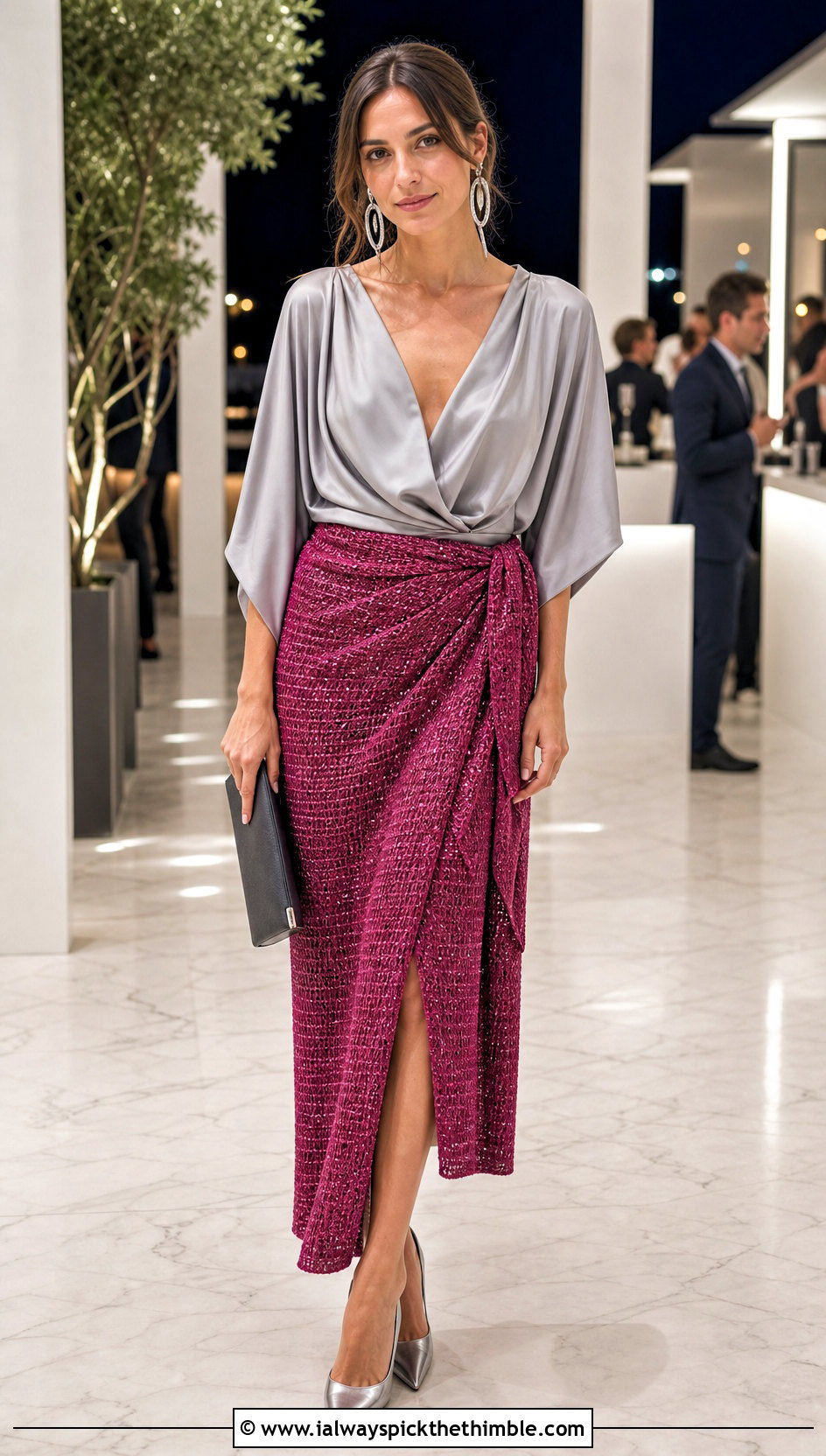 Metallic Thread Crochet Wrap Skirt With Silk Blouse - 25 crochet wrap skirt outfit ideas