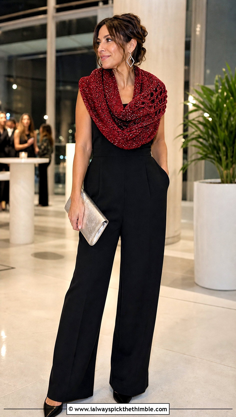 Metallic Thread Crossbody Crochet Cowl With Black Jumpsuit - 15 Crossbody Crochet Cowl outfit ideas
