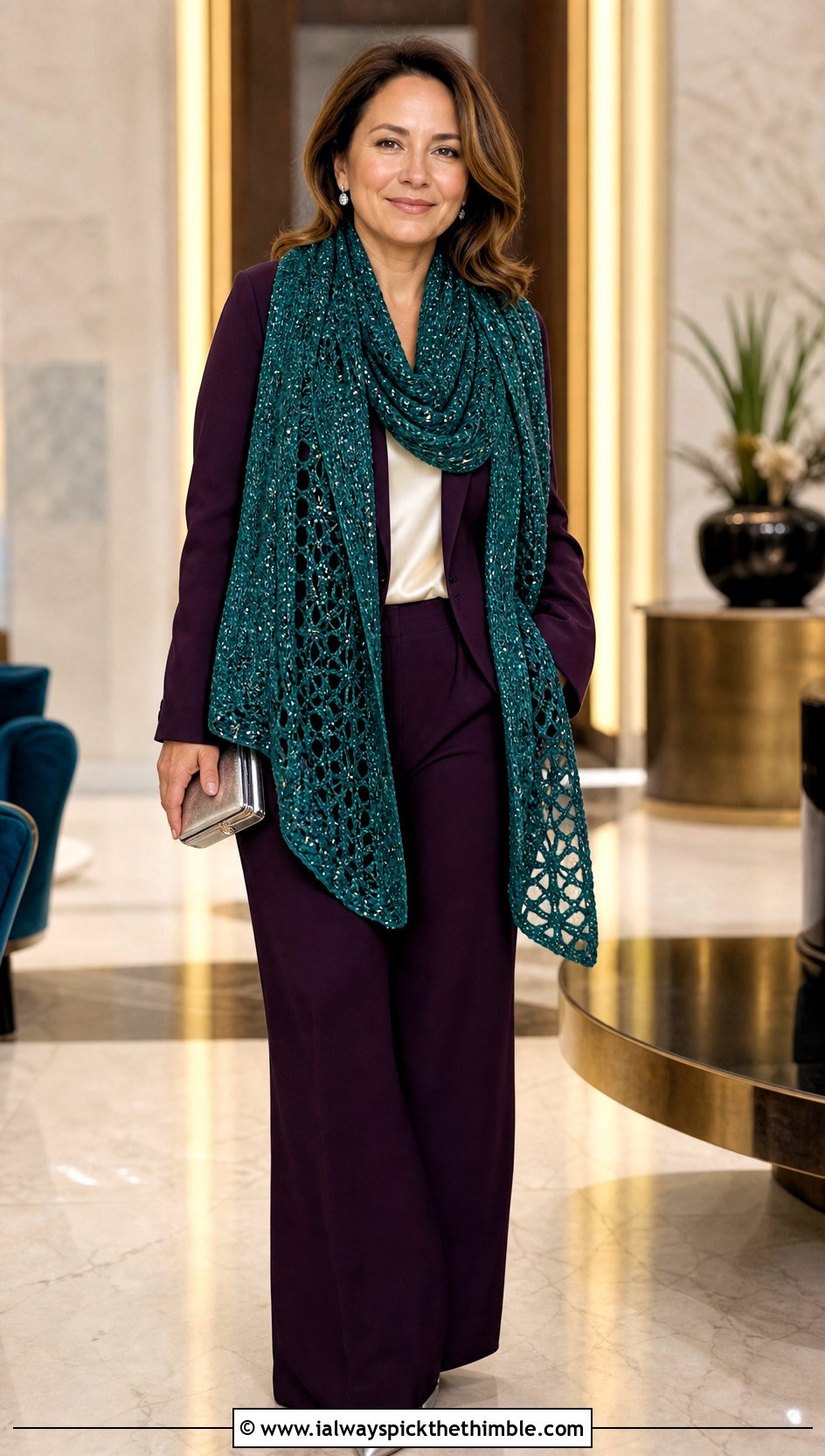 Metallic Thread Double Sleeve Scarf With Wide Leg Suit - 20 crochet double sleeve scarf outfit ideas