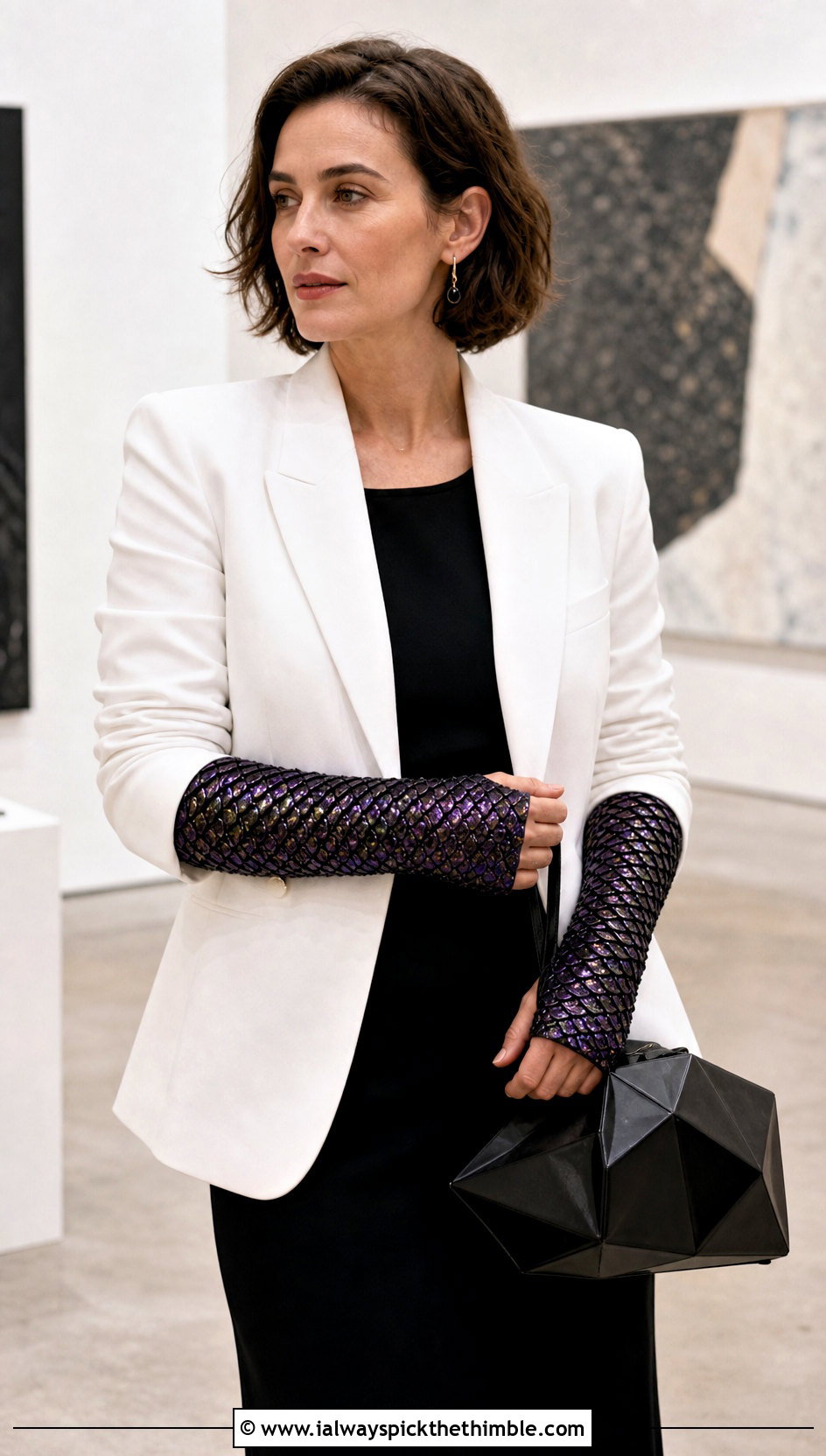 Metallic Thread Dragonscale Gauntlets With Black Dress And Blazer - 15 Dragonscale Crochet Gloves outfit ideas