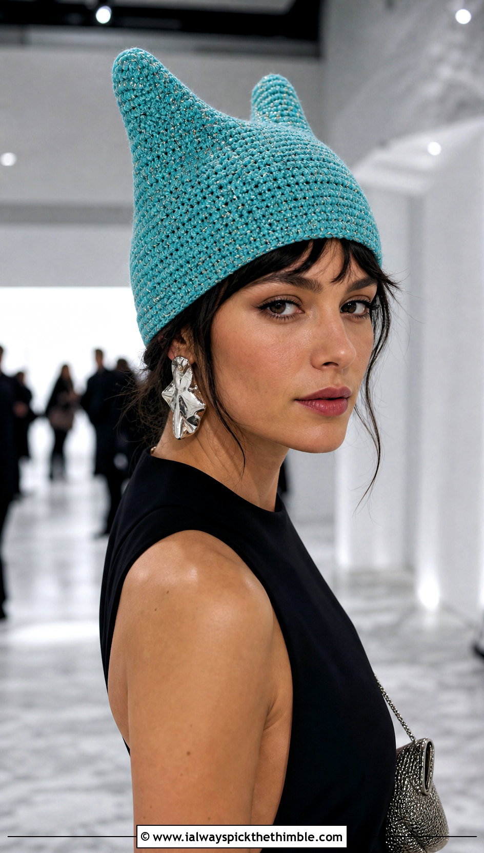 Metallic Thread Finn Hat With Black Column Dress - 25 crochet finn hat outfit ideas