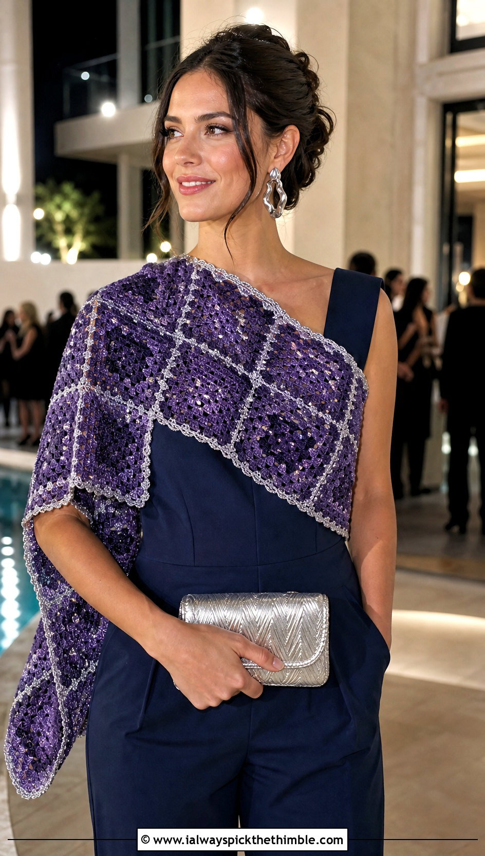 Metallic Thread Granny Square Crochet Scarf With Jumpsuit - 25 granny square crochet scarf outfit ideas