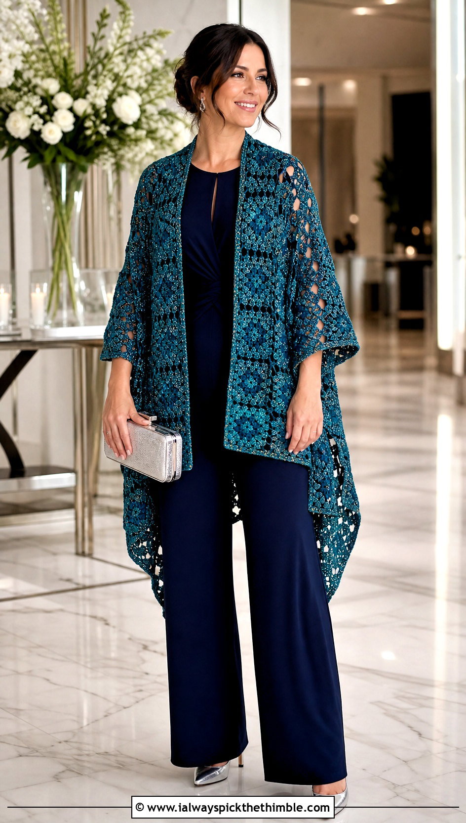 Metallic Thread Granny Square Ruana With Jumpsuit - 20 Granny Square Ruana outfit ideas