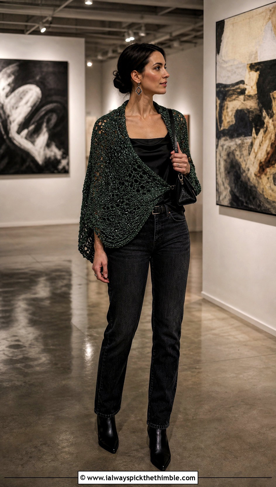 Metallic Thread Half Circle Crochet Shawl With Jeans - 15 Half Circle Crochet Shawl outfit ideas