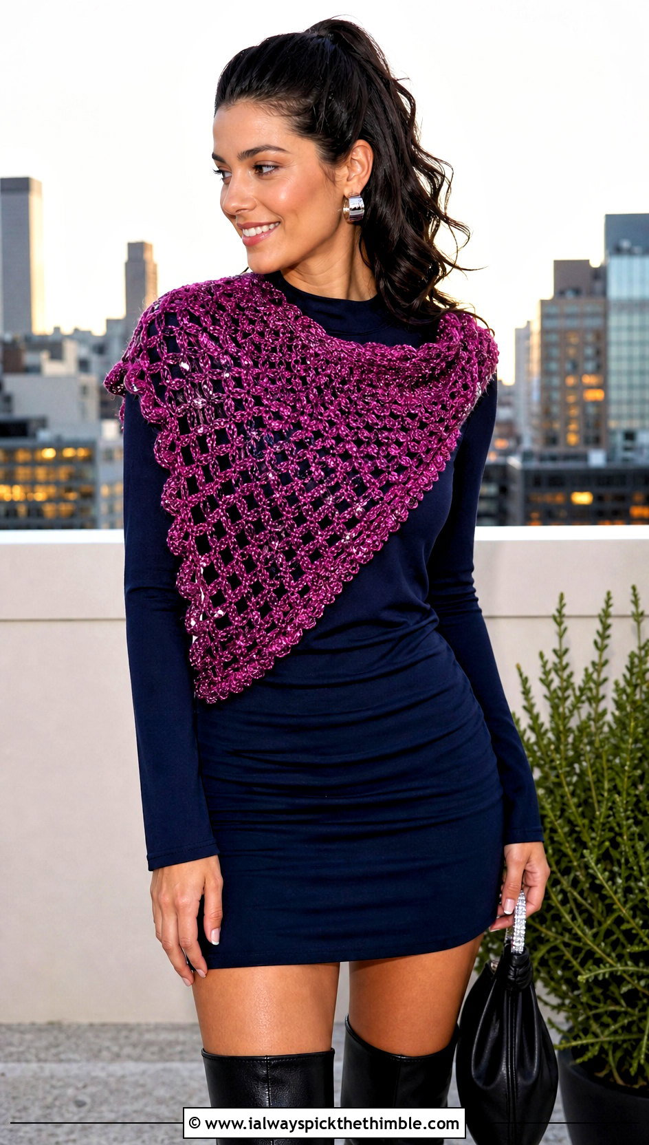 Metallic Thread Half Moon Crochet Shawl With Mini Dress - 20 Half Moon Crochet Shawl outfit ideas