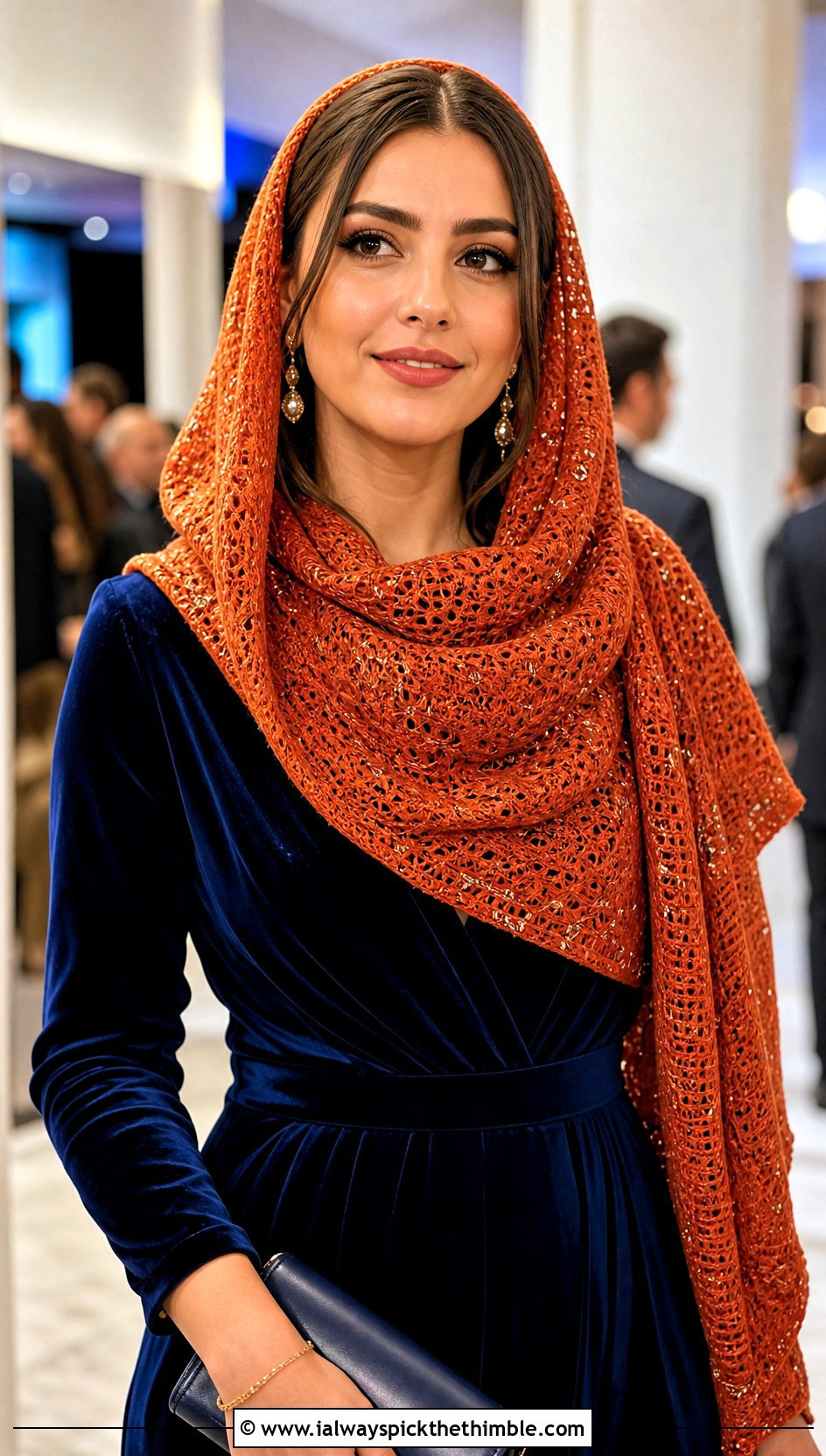 Metallic Thread Hooded Scarf With Velvet Jumpsuit - 25 crochet hooded scarf outfit ideas