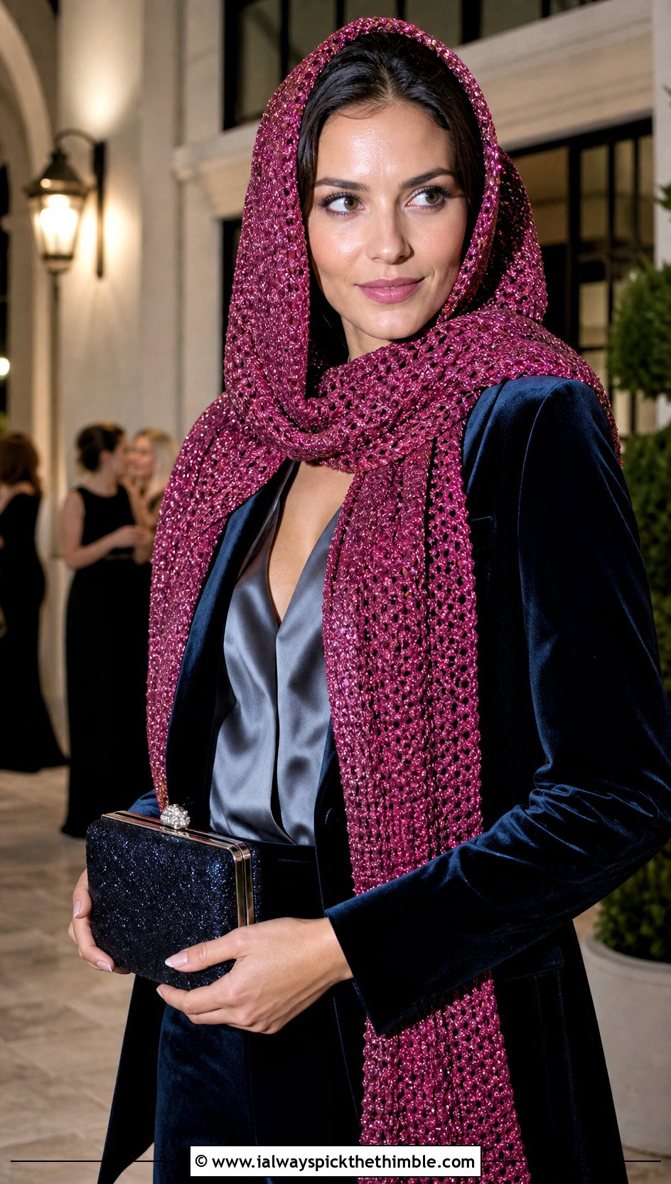Metallic Thread Hooded Scarf With Velvet Suit - 20 crochet scarf hood outfit ideas