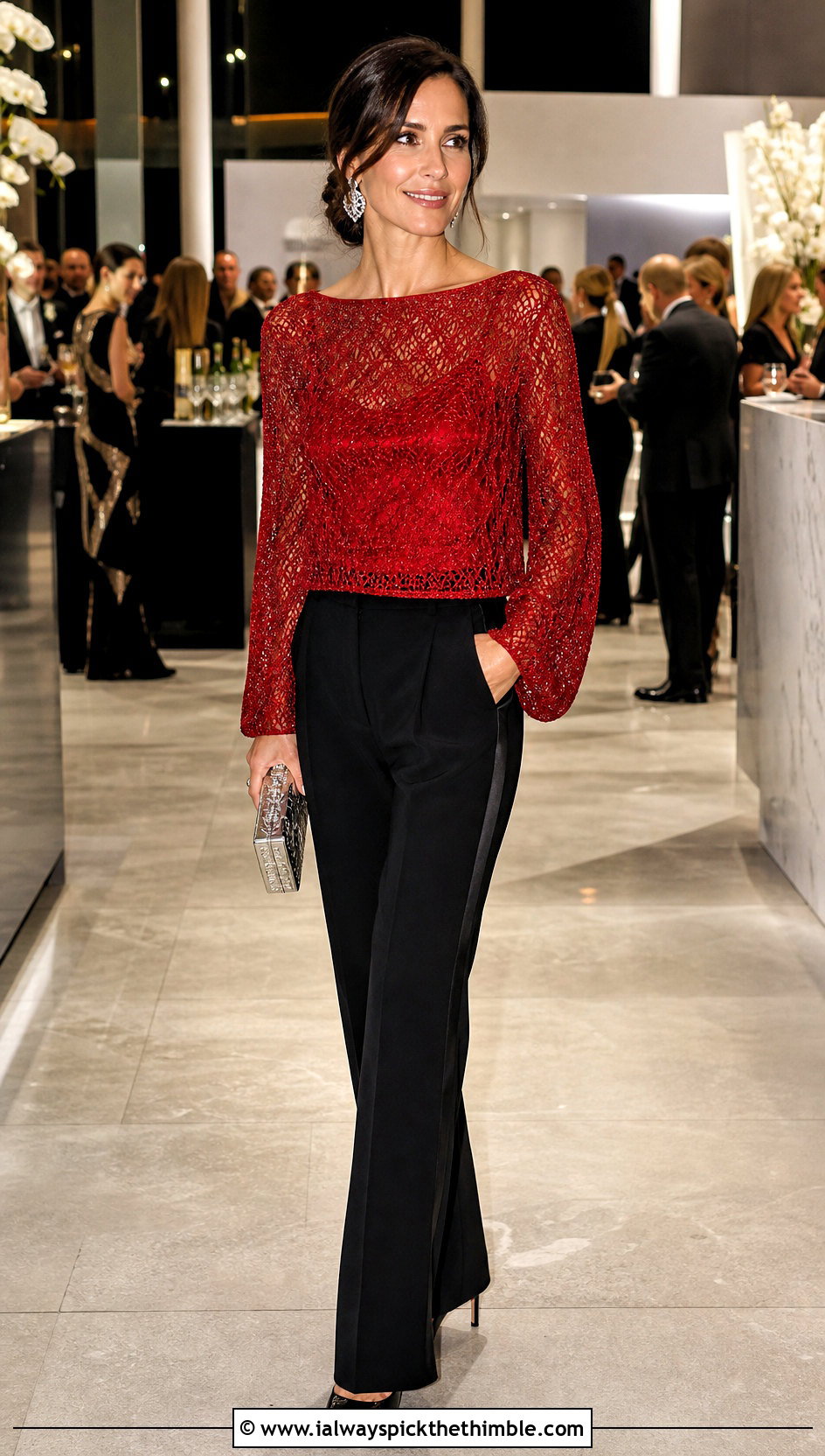 Metallic Thread Lace Stitch Boatneck Crochet Sweater With Tuxedo Pants - 20 Boatneck Crochet Sweater outfit ideas