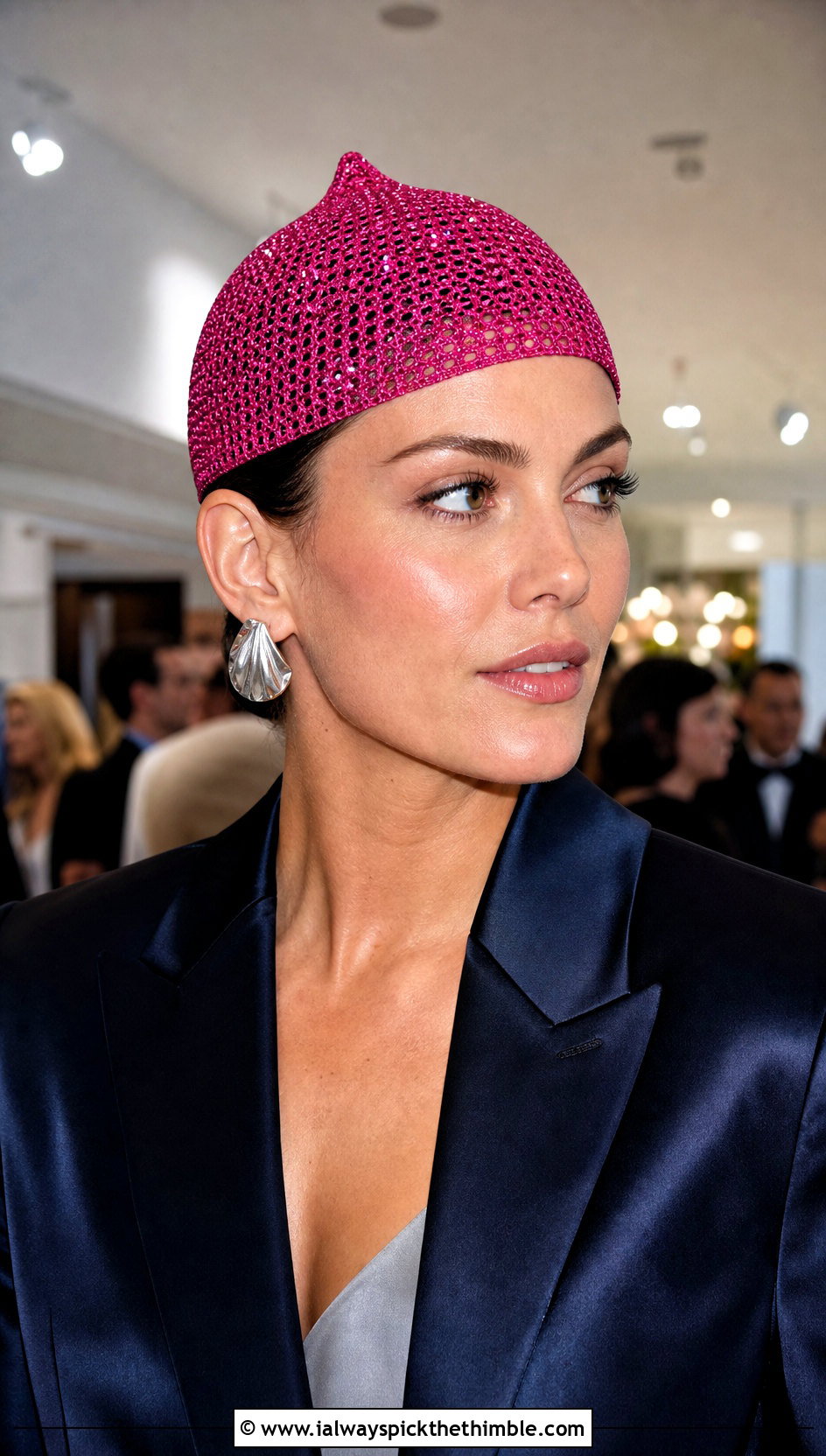 Metallic Thread Pointed Crochet Cap With Satin Suit And Heels - 20 pointy crochet hat outfit ideas