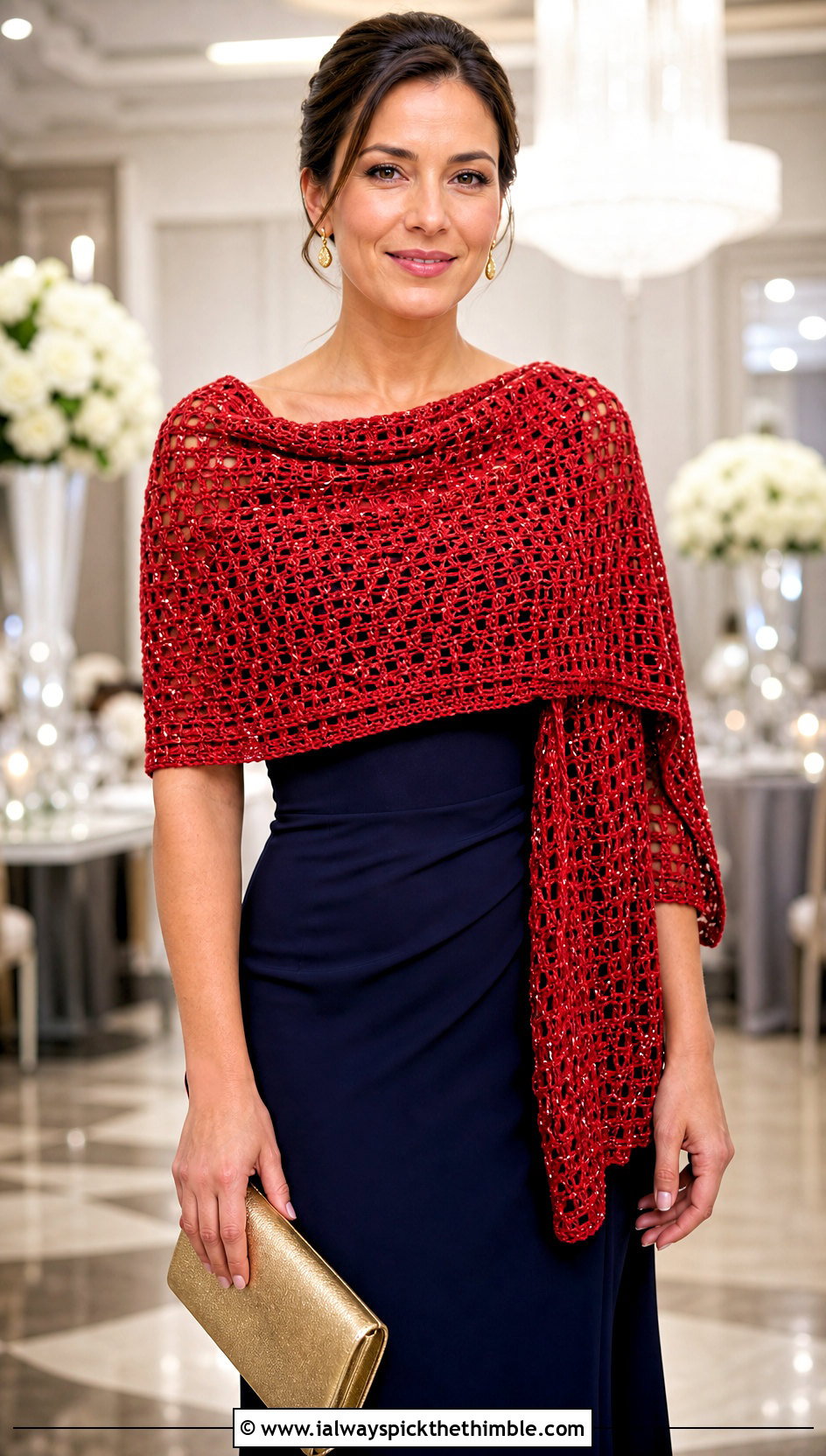 Metallic Thread Rectangle Crochet Shawl With Column Dress - 20 Rectangle Crochet Shawl outfit ideas