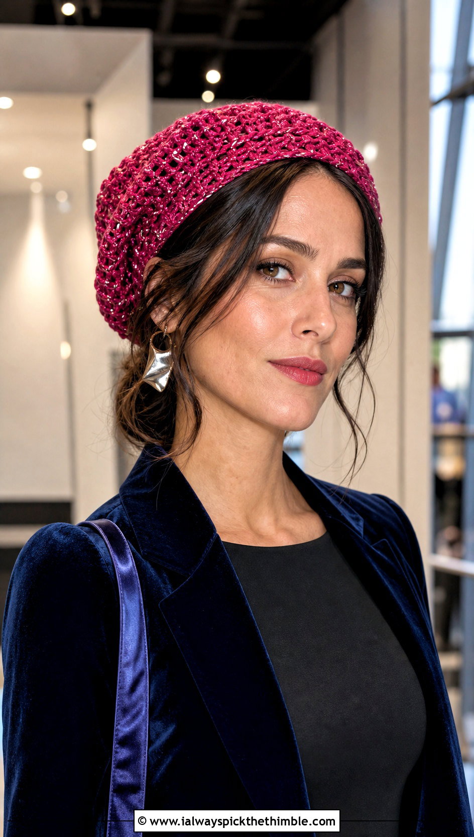 Metallic Thread Slouchy Crochet Beanie With Velvet Blazer - 20 Easy Slouchy Crochet Beanie outfit ideas