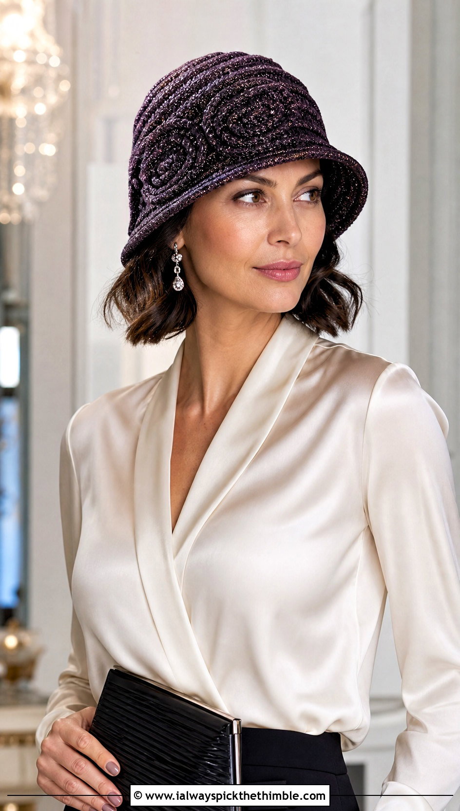 Metallic Thread Swirl Crochet Cloche With Satin Blouse - 20 crochet swirl hat outfit ideas