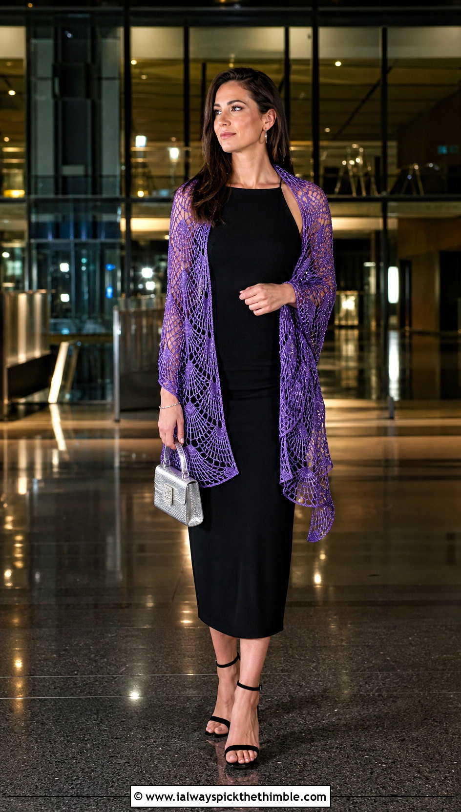 Metallic Thread Virus Shawl With Minimal Black Dress - 25 crochet virus shawl outfit ideas