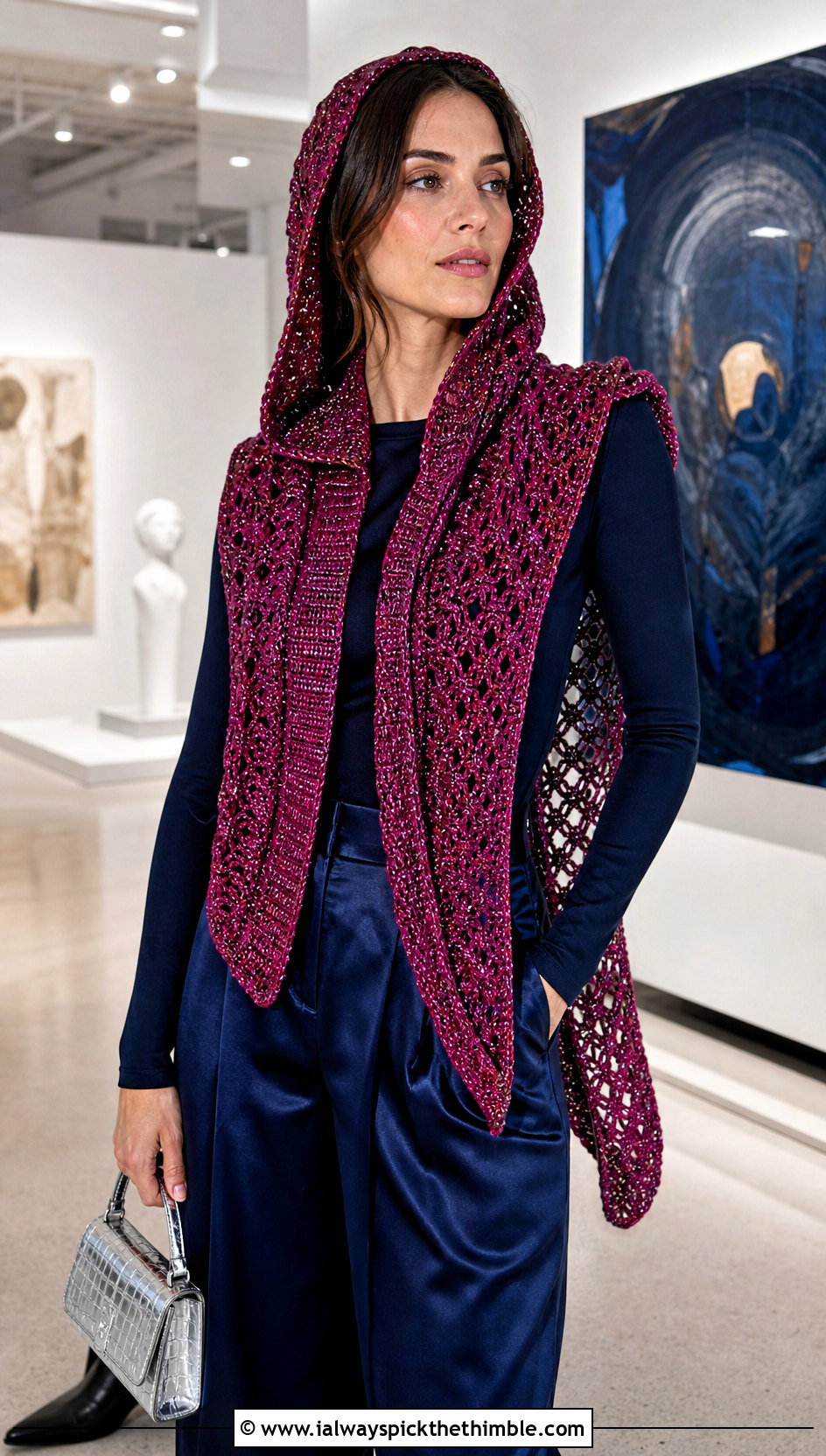 Metallic Woodland Hooded Crochet Scarf With Satin Pants - 15 Woodland Hooded Crochet Scarf outfit ideas