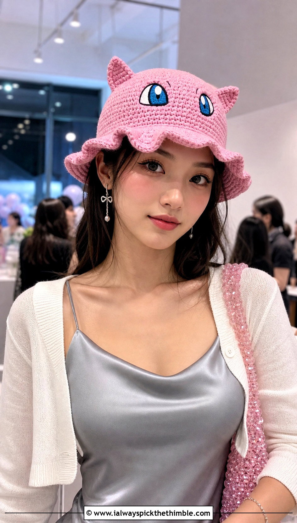 Mew Crochet Bucket Hat With Satin Slip Dress - 15 Crochet Pokemon Bucket Hat outfit ideas