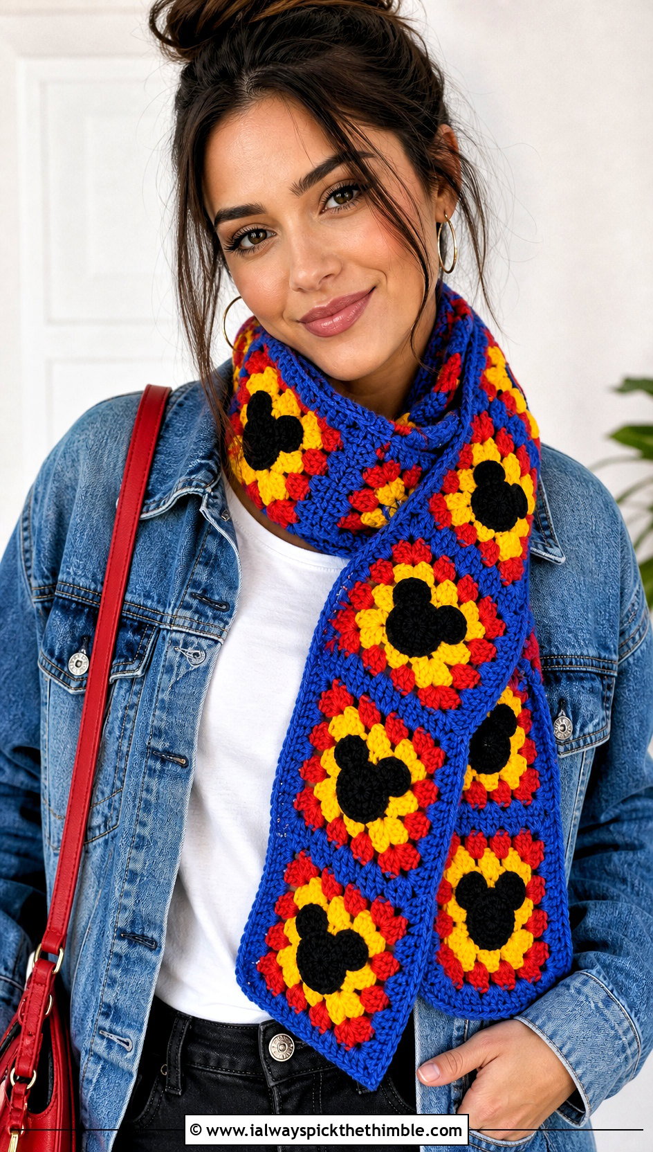 Mickey Mouse Granny Square Crochet Disney Scarf With Denim Jacket - 20 Crochet Disney Scarf outfit ideas