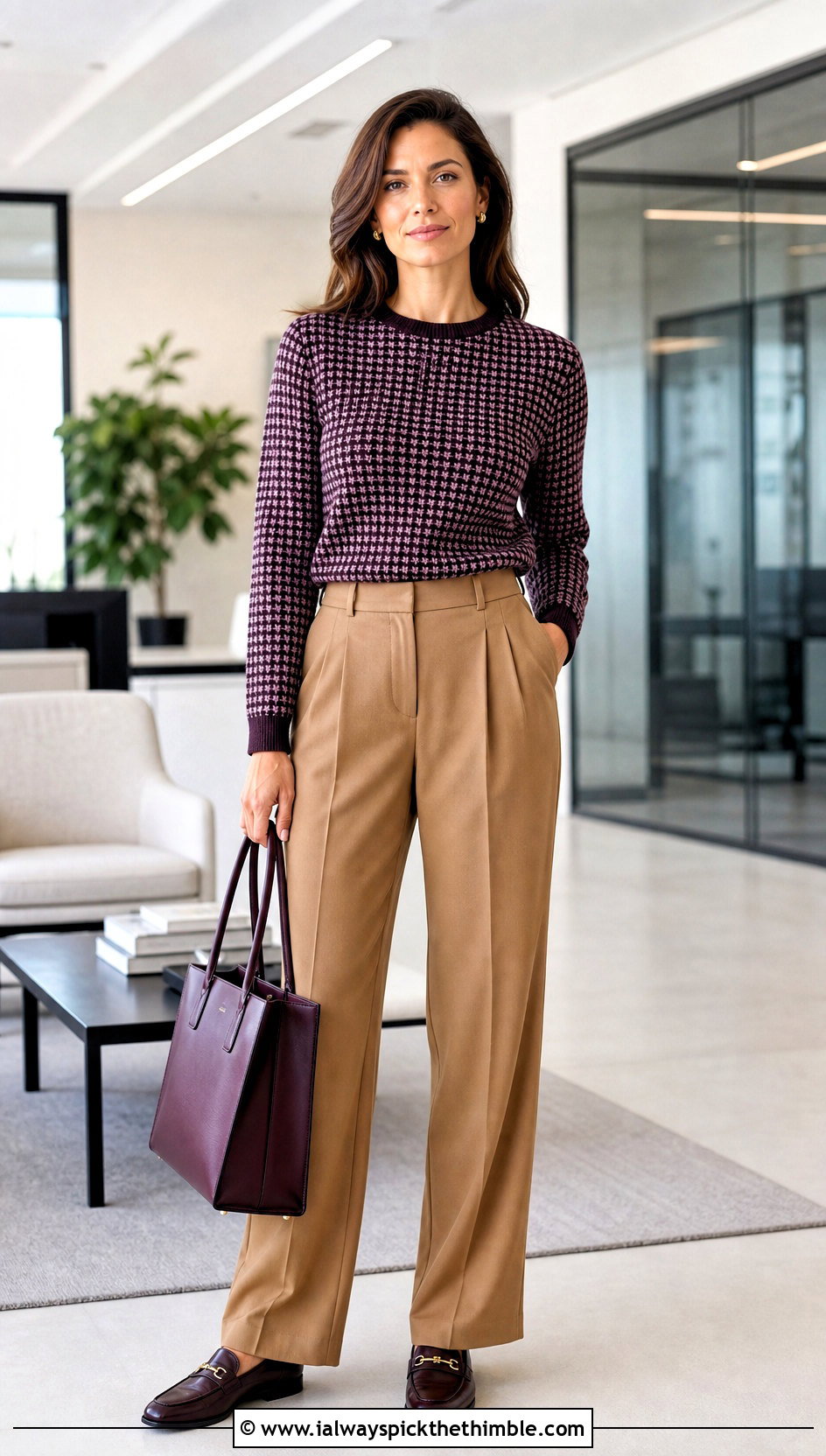 Micro Check Checkered Crochet Sweater With Pleated Trousers - 20 checkered crochet sweater outfit ideas