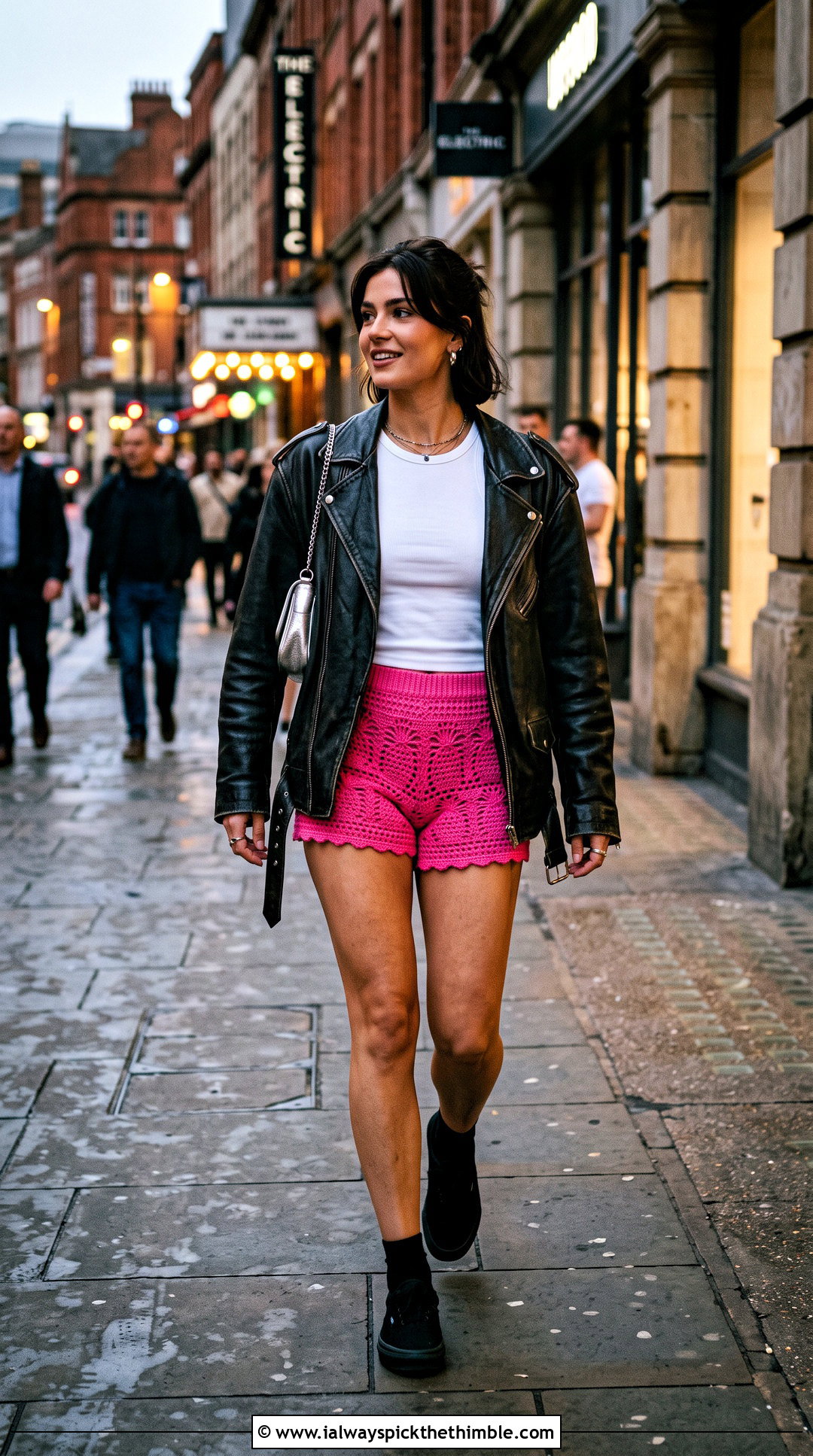 Micro Crochet Shorts With Oversized Leather Jacket - 25 aesthetic crochet shorts outfit ideas