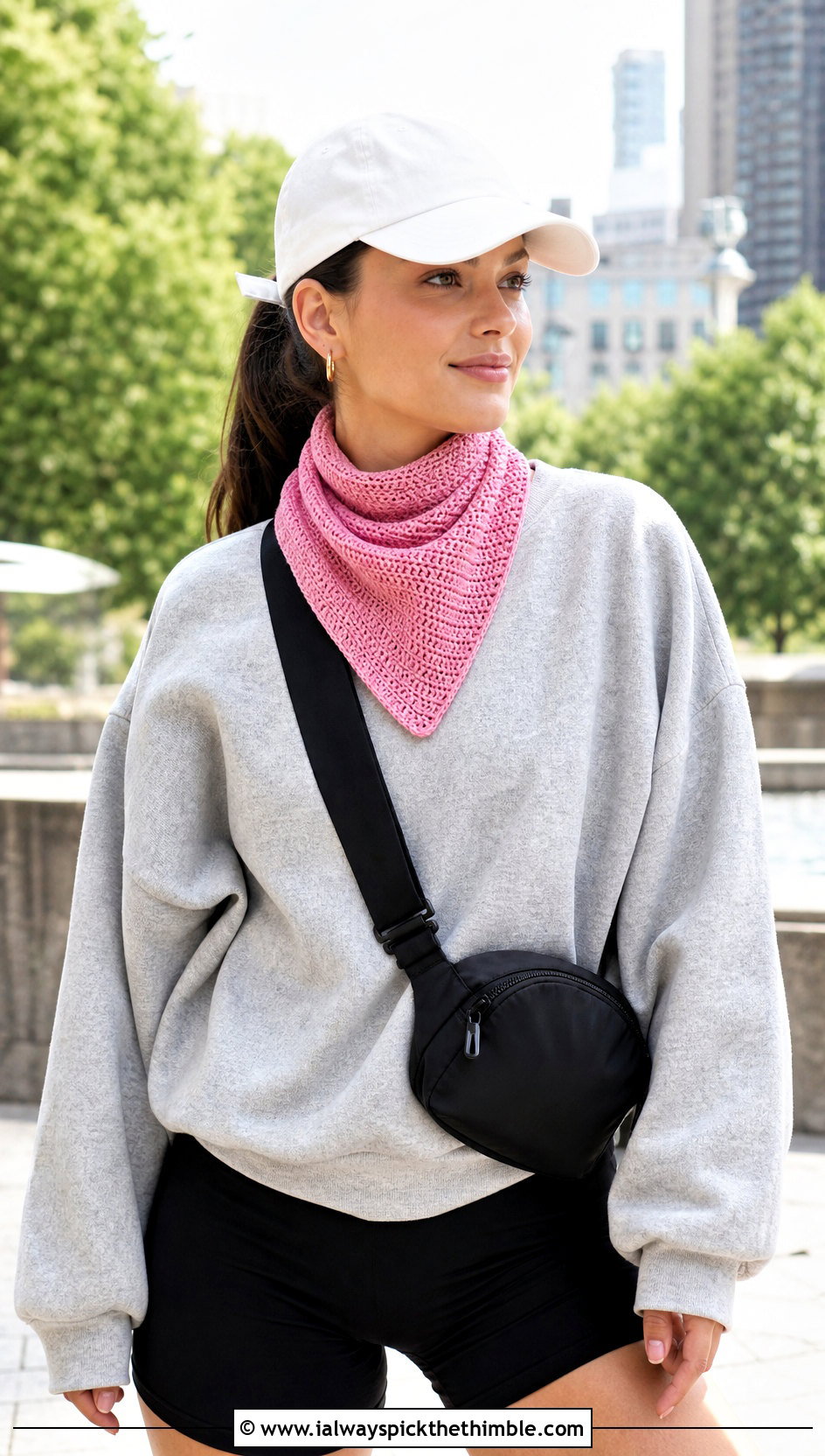 Micro Crochet Sophie Scarf With Sweatshirt And Bike Shorts - 25 crochet sophie scarf outfit ideas