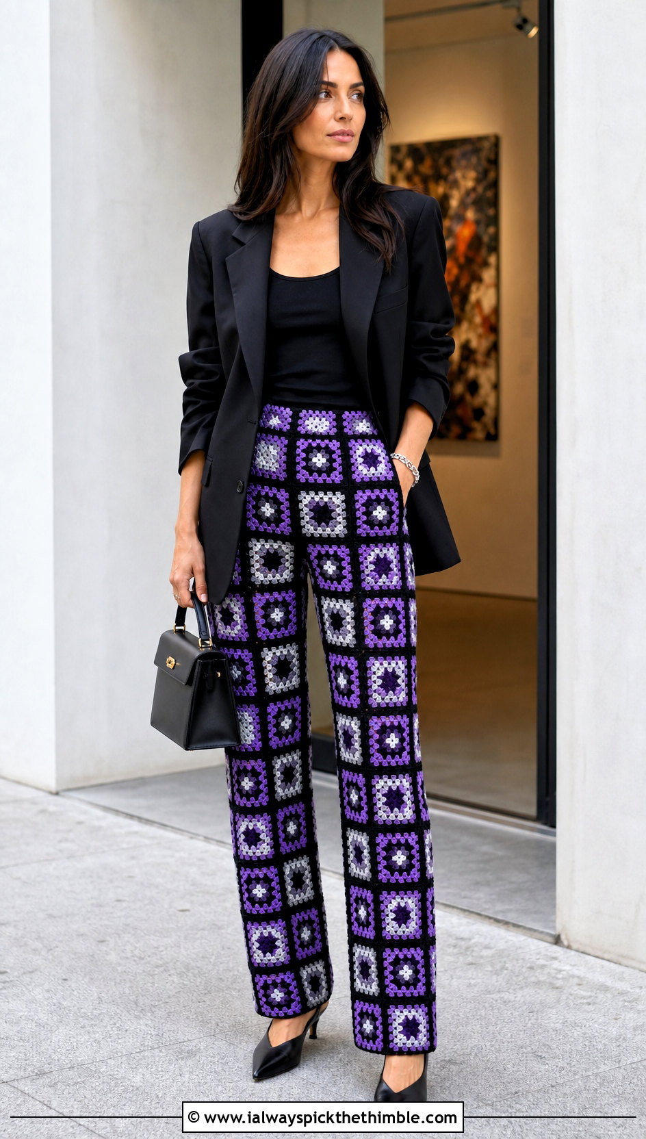 Micro Granny Square Straight Leg Pants With Black Blazer - 25 granny square pants outfit ideas